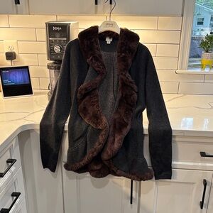 TSE Elegant Brown Rabbit Fur Trimmed Cashmere Sweater Jacket